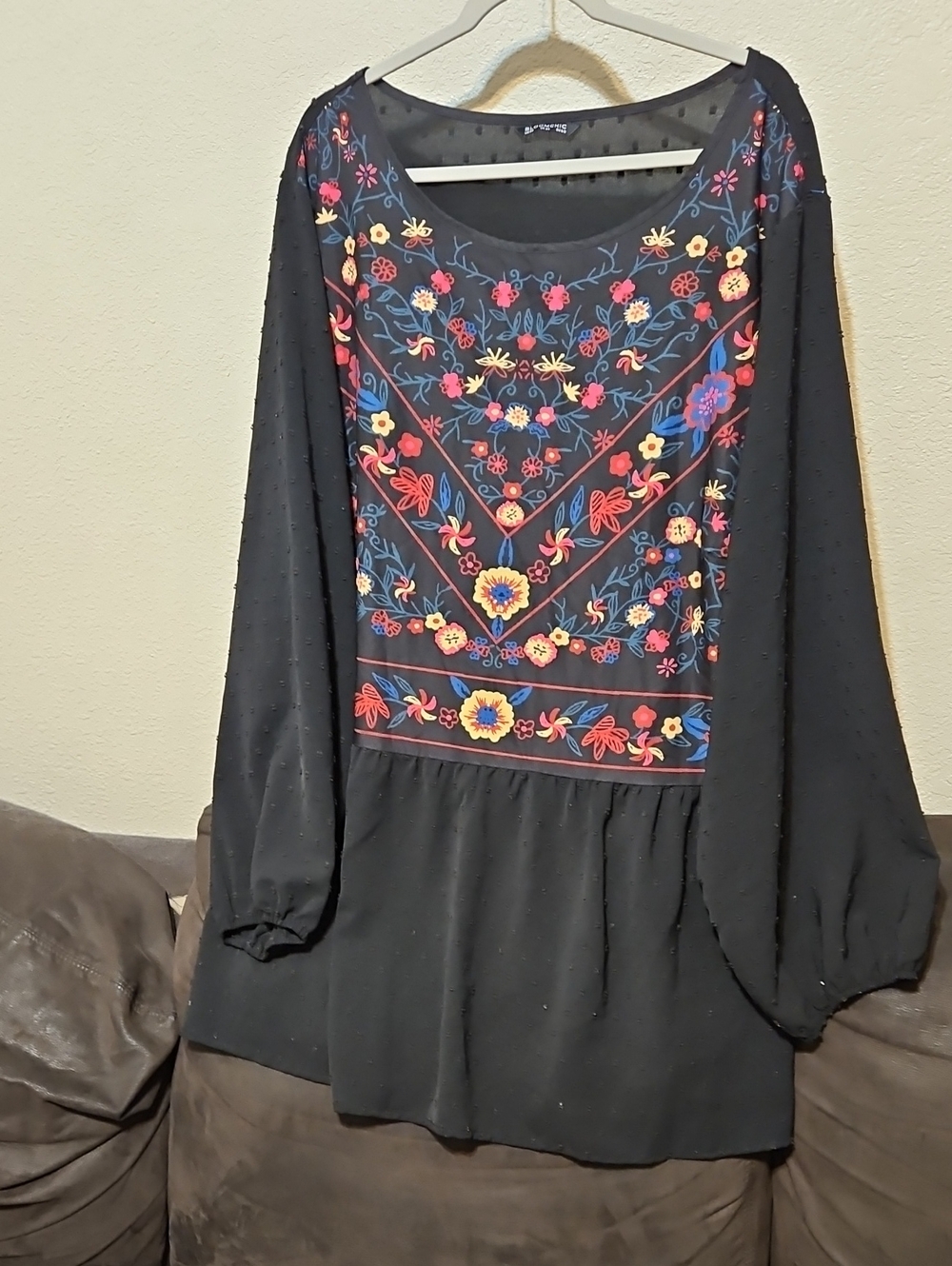 BloomChic Black Blouse with Multicolor Floral Embroidery